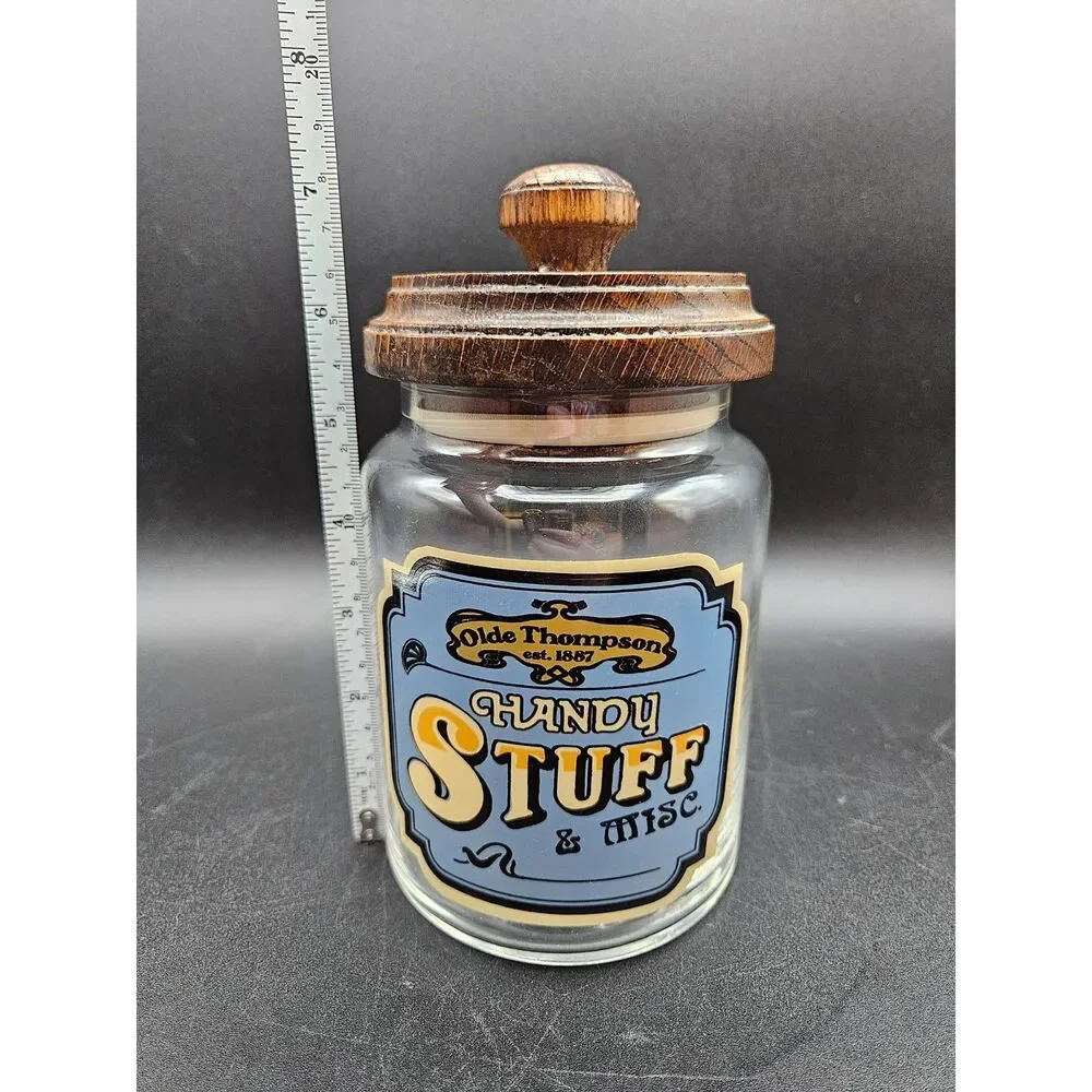 Vintage Olde Thompson Handy Stuff Glass Jar Canister w/ Wooden Lid Rare HTF